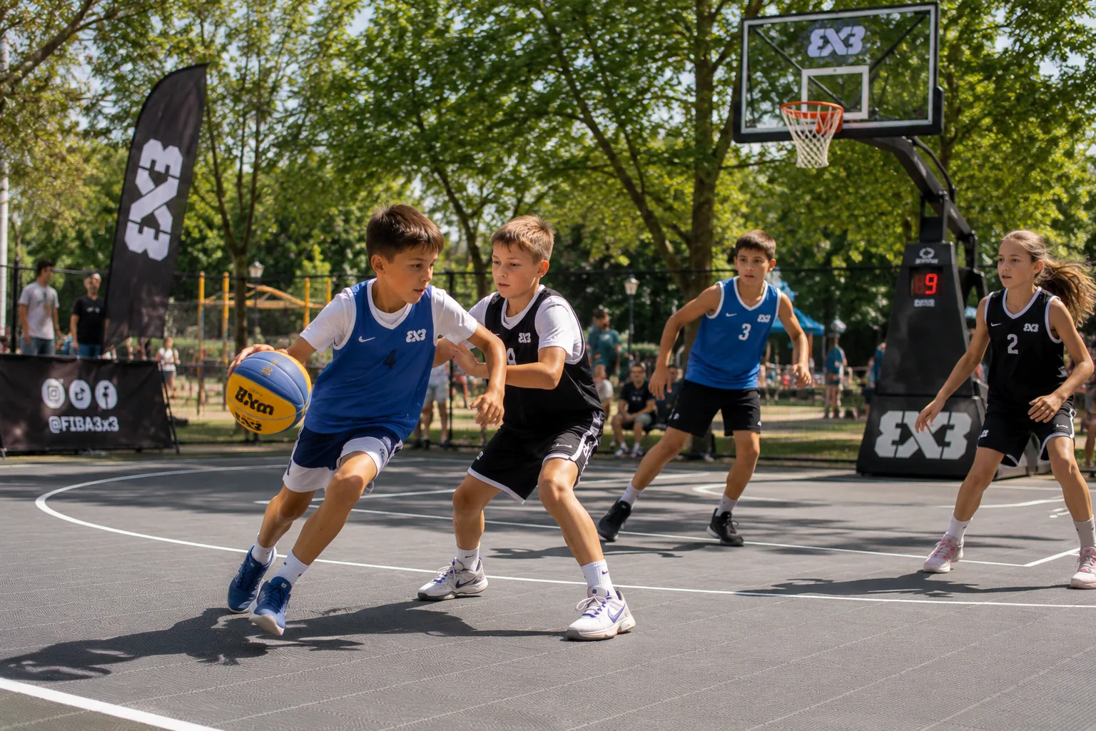Copii jucând baschet 3x3 pe terenul de vară