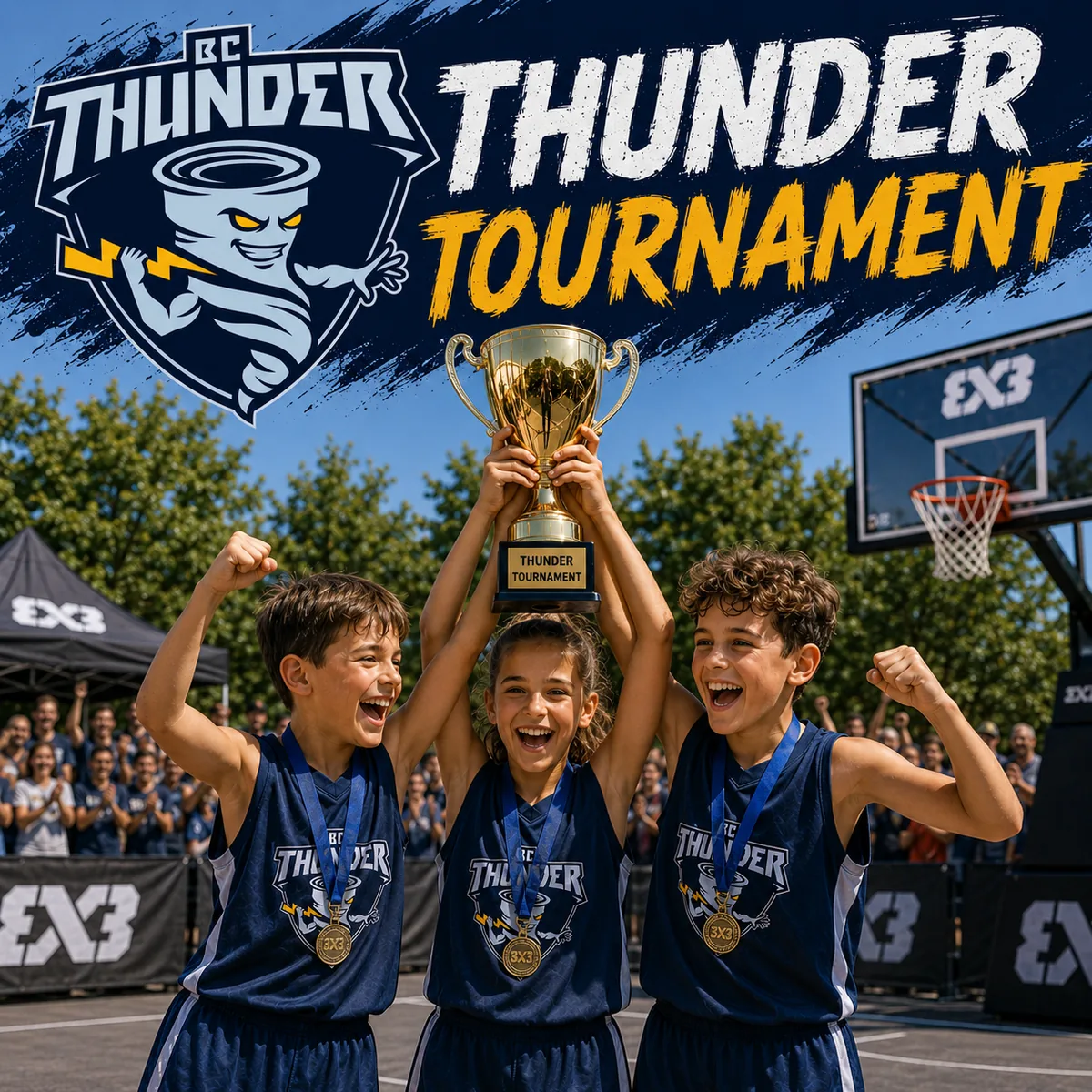 Copii ridicând trofeul Thunder Tournament 3x3